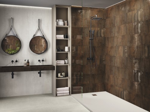 Carrelage Mur Aspect Métal Marron Corten 30x60 Vulcania InstaHouse DORIAN APE mur douche